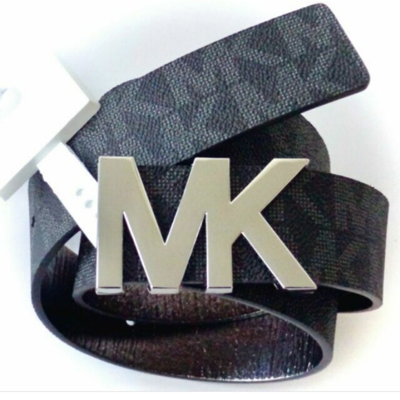 NEW MICHAEL KORS BLACK MONOGRAM PVC,SILVER TONE MK PLAQUE BUCKLE BELT - Picture 2 of 5